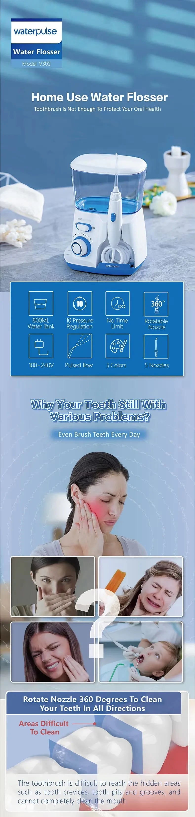 Electric Water Flosser Oral Irrigator 800ML Large Capacity Dental Water Hygiene Flossing Teeth Cleaner with 5x Tips