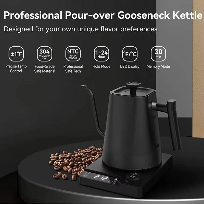 1200W Electric Kettle 1.0L Gooseneck Hand Brew Coffee Pot 110V/220V Rapid Heating Temperature Control Pot Stainless Steel Liner