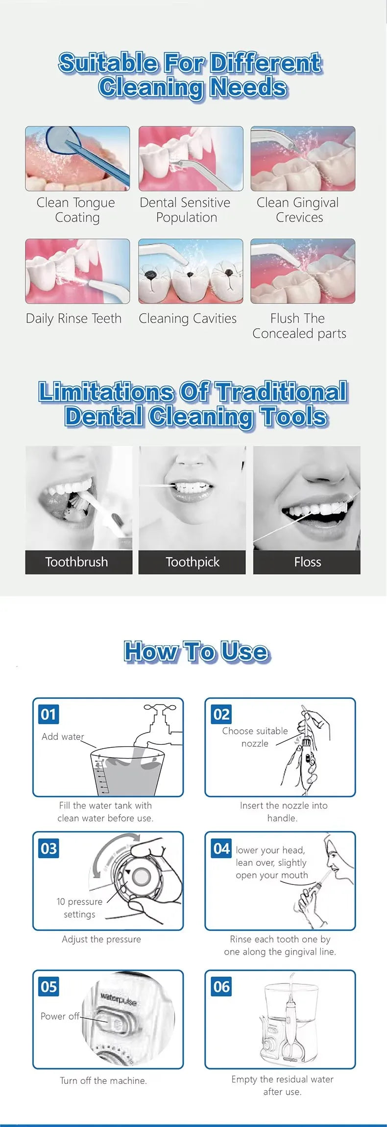 Electric Water Flosser Oral Irrigator 800ML Large Capacity Dental Water Hygiene Flossing Teeth Cleaner with 5x Tips