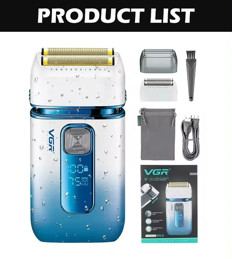 VGR Shaver For Men Rechargeable Barber Washable Dual Foil Beard Electric Razor Balds Head Shaving Machine with extra Mesh V-362