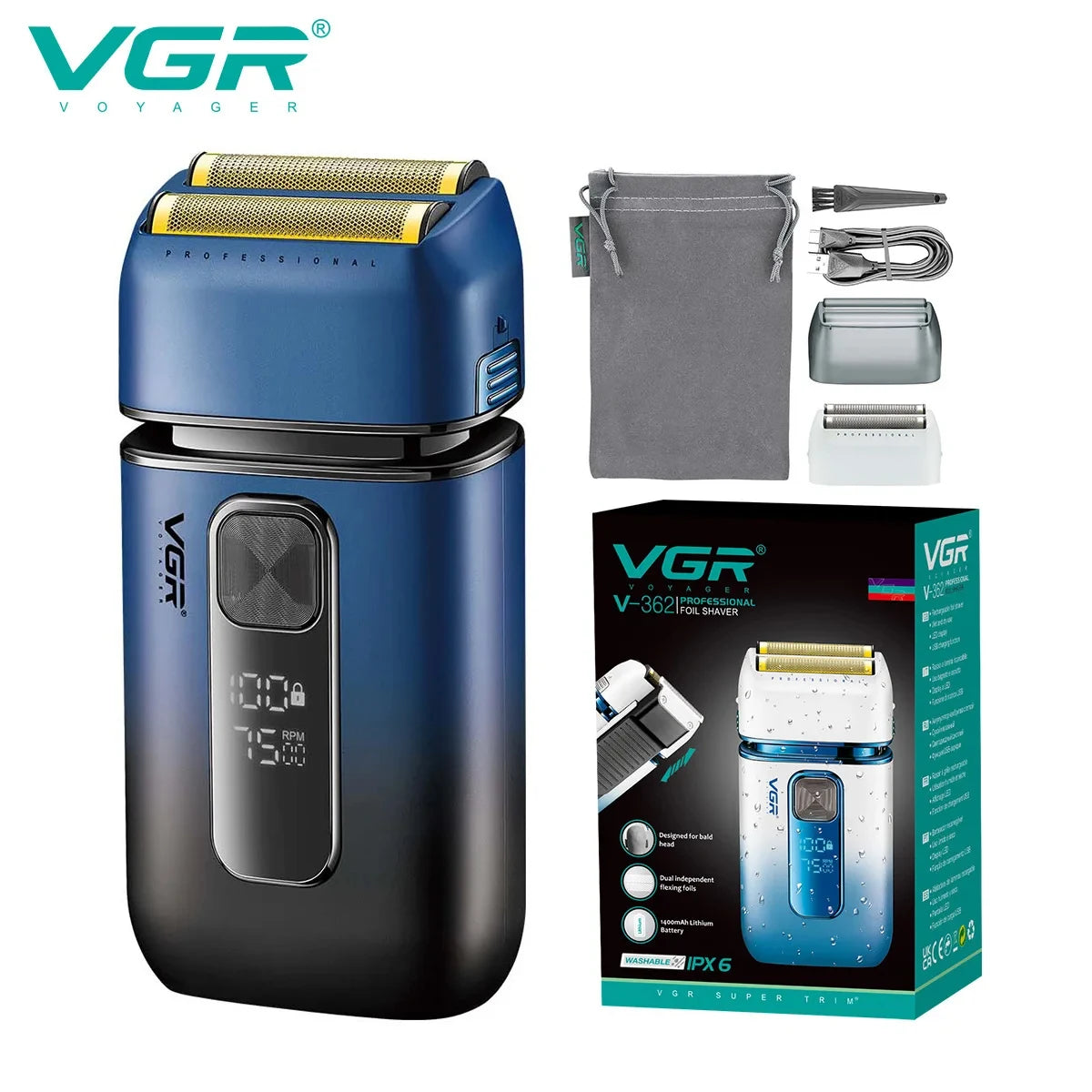 VGR Shaver For Men Rechargeable Barber Washable Dual Foil Beard Electric Razor Balds Head Shaving Machine with extra Mesh V-362