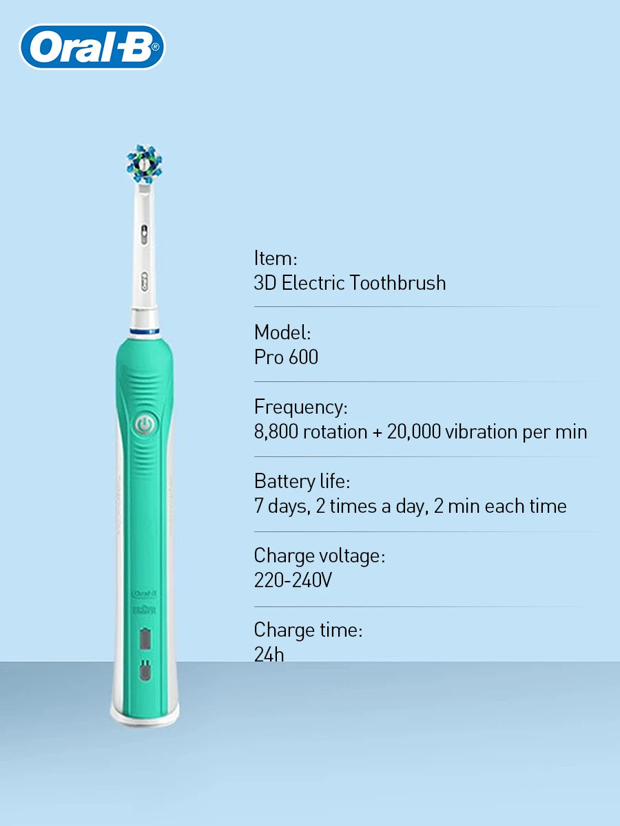 Oral B Electric Toothbrush Pro 600 2-minute intelligent timing Daily Clean Teeth Visible Pressure Sensor Waterproof Rechargeabl