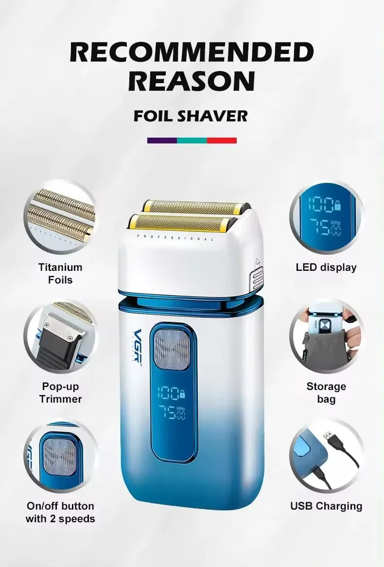 VGR Shaver For Men Rechargeable Barber Washable Dual Foil Beard Electric Razor Balds Head Shaving Machine with extra Mesh V-362