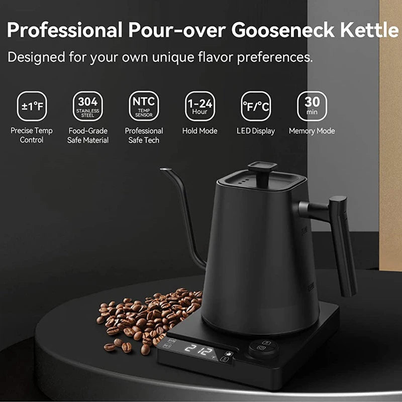 1200W Electric Kettle 1.0L Gooseneck Hand Brew Coffee Pot 110V/220V Rapid Heating Temperature Control Pot Stainless Steel Liner