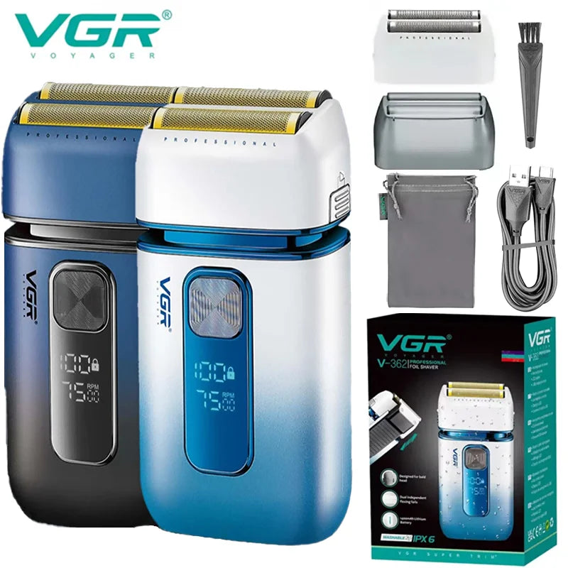 VGR Shaver For Men Rechargeable Barber Washable Dual Foil Beard Electric Razor Balds Head Shaving Machine with extra Mesh V-362
