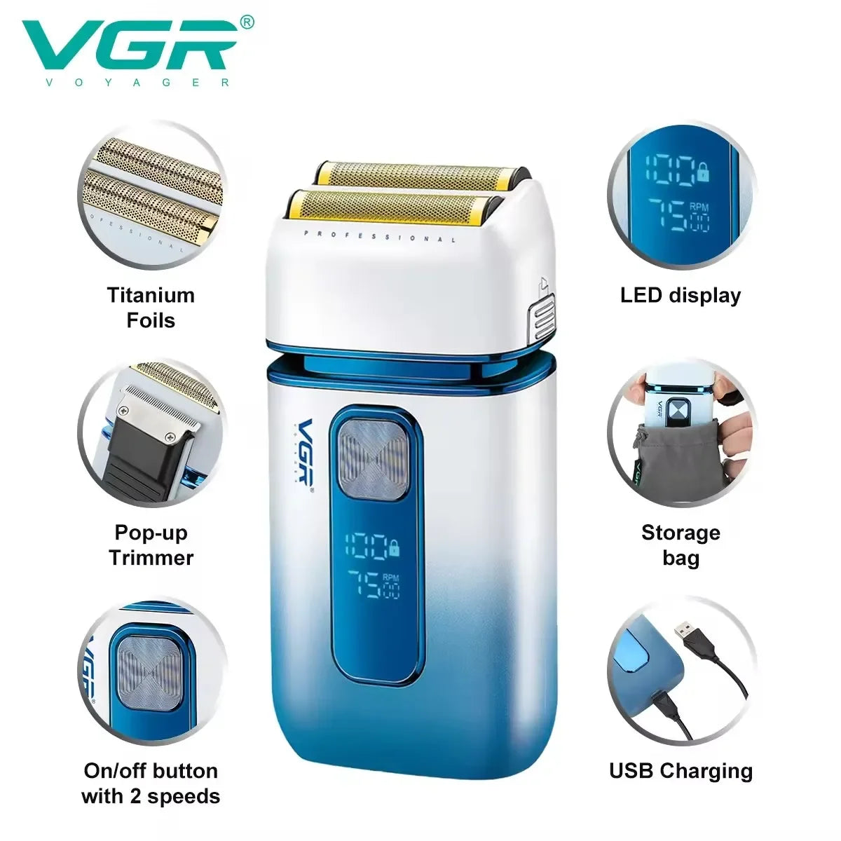 VGR Shaver For Men Rechargeable Barber Washable Dual Foil Beard Electric Razor Balds Head Shaving Machine with extra Mesh V-362
